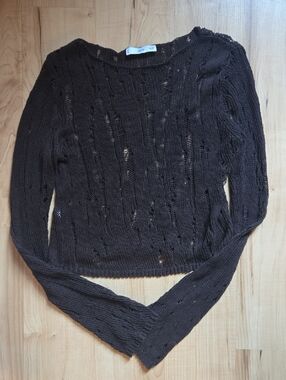 Mango Chocolate Brown Open-Stitch Crew Neck Sweater